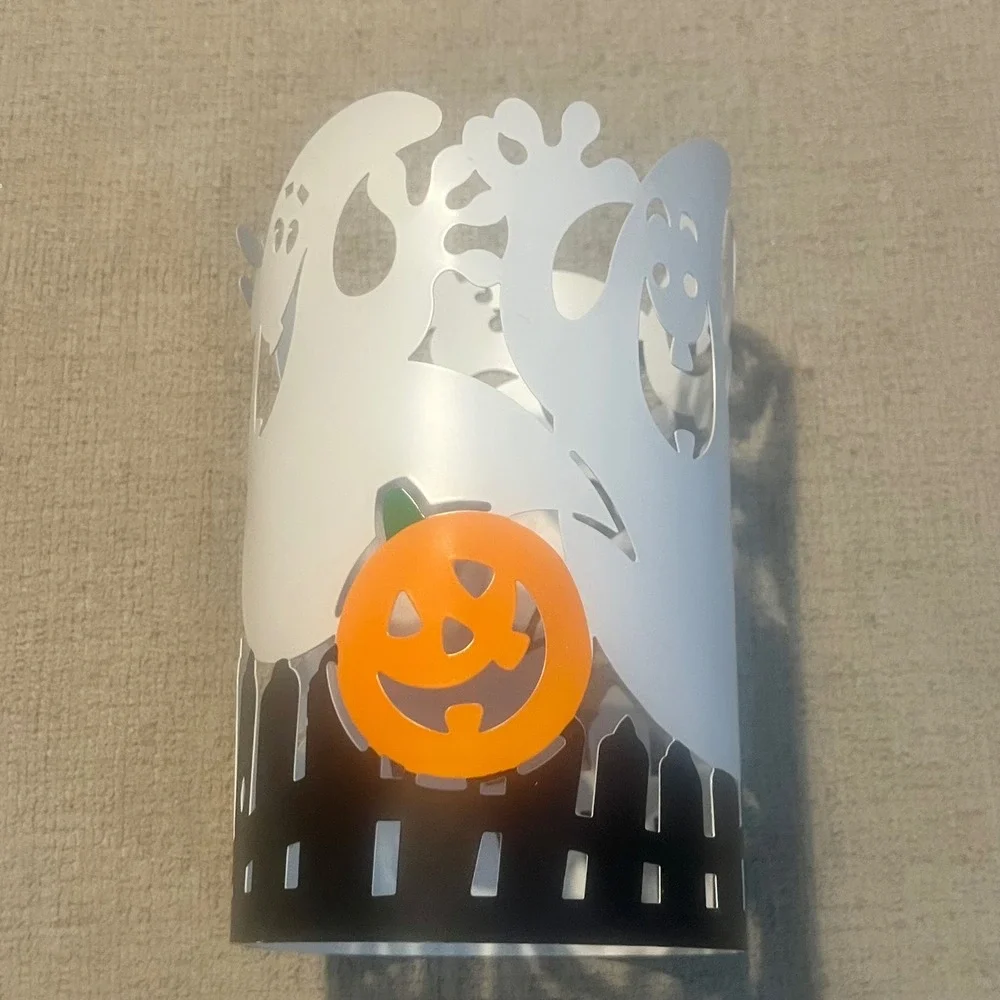 Halloween Ghost Pumpkin Metal Candle Holder Sleeve Picket Fence Decor 8.5 Inch
